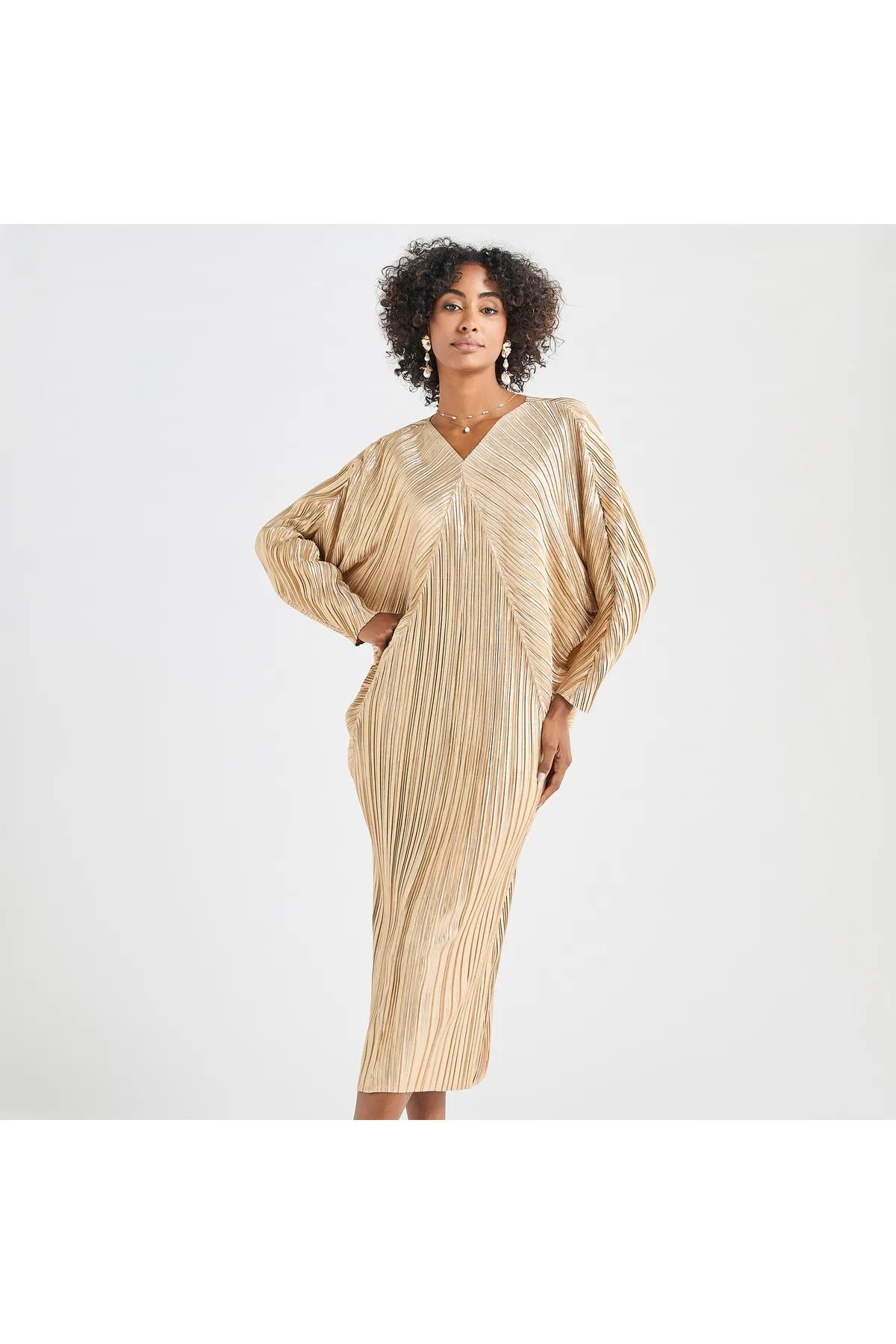 All-Over Pleated V-Neck Dress With Extendable Sleeves