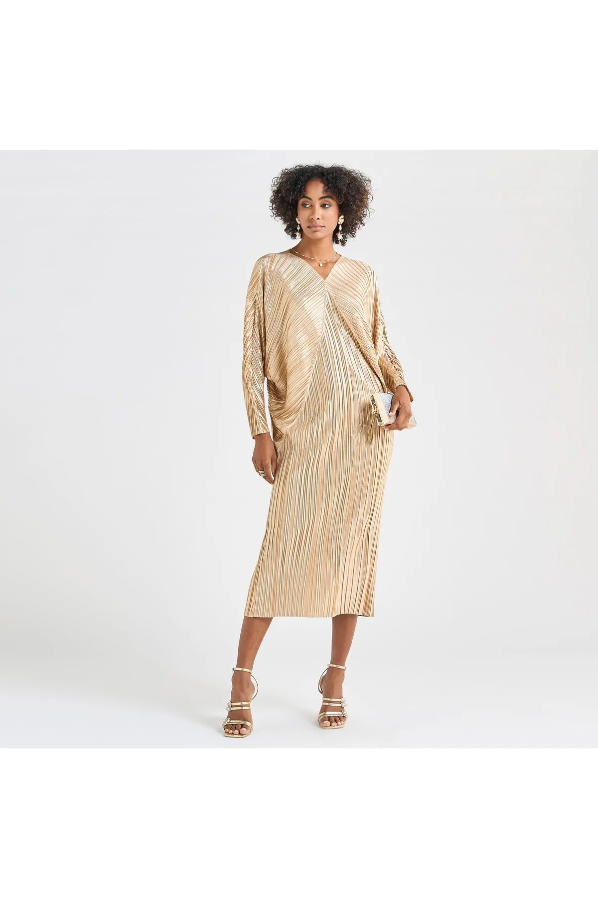 All-Over Pleated V-Neck Dress With Extendable Sleeves