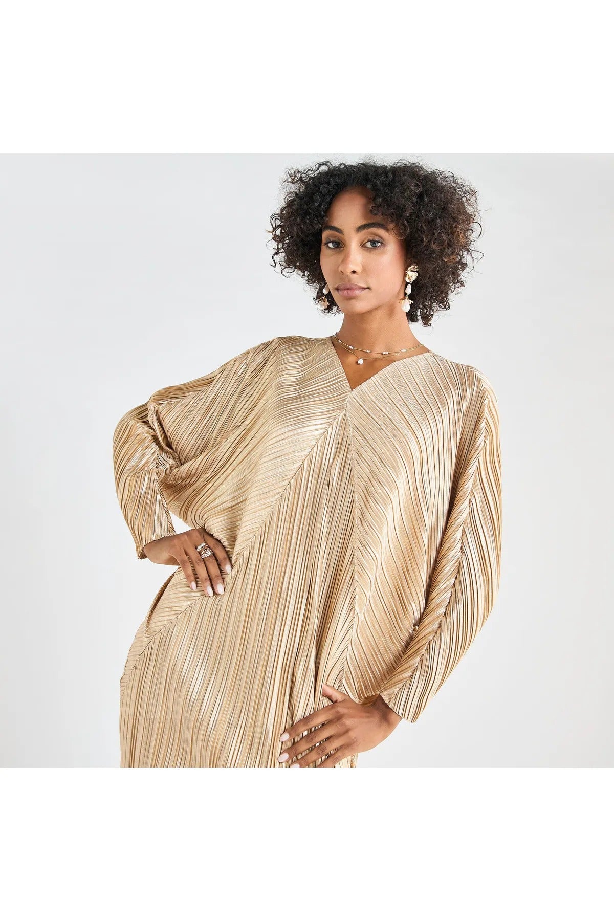 All-Over Pleated V-Neck Dress With Extendable Sleeves