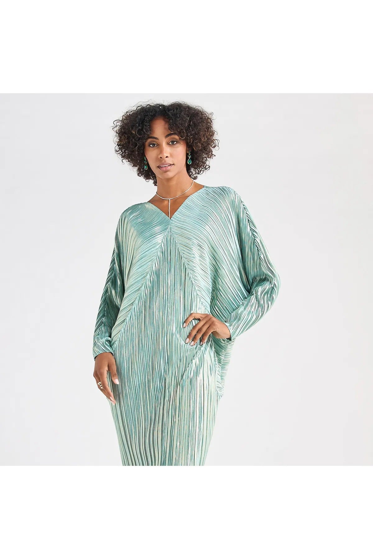 All-Over Pleated V-Neck Dress With Extendable Sleeves