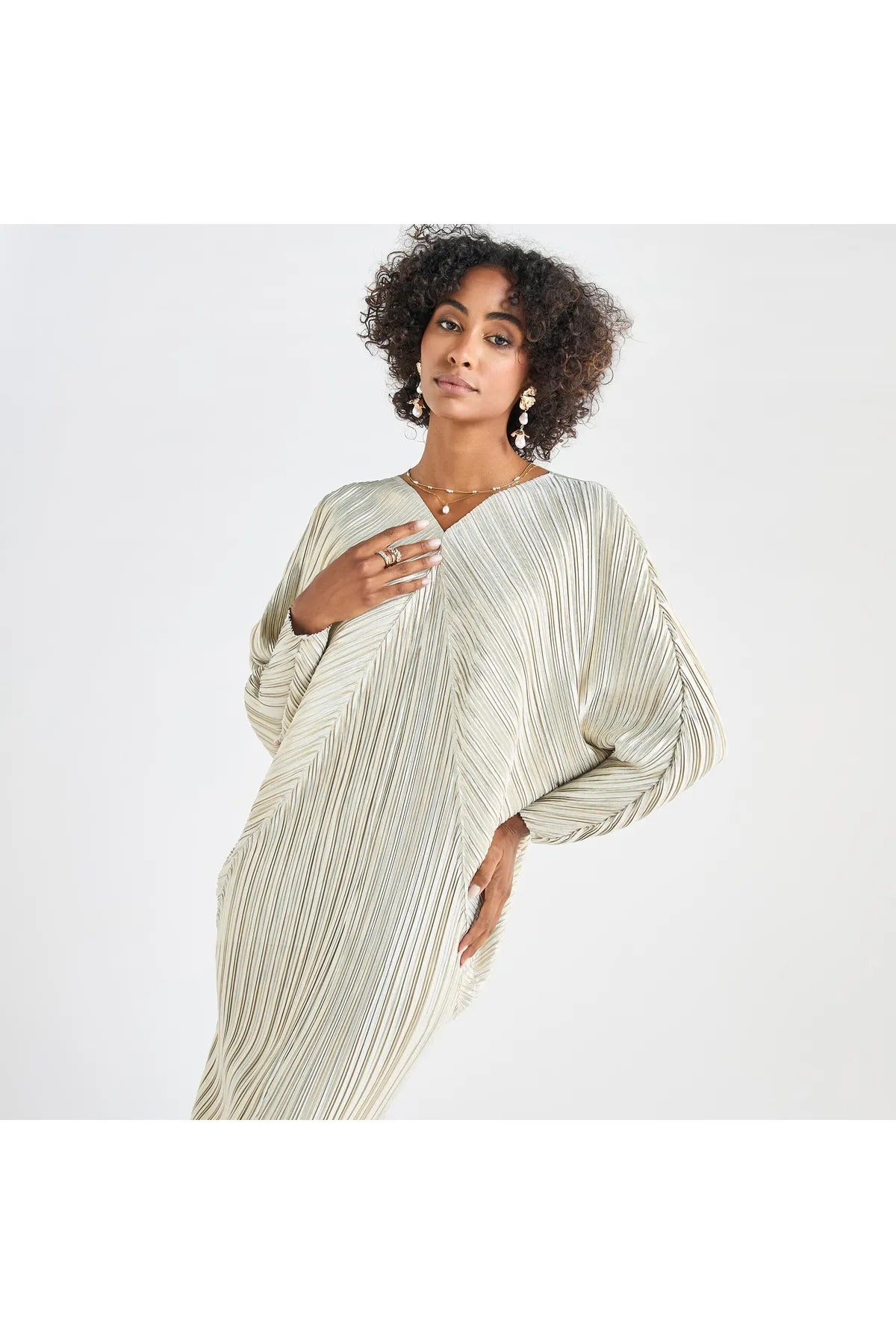 All-Over Pleated V-Neck Dress With Extendable Sleeves