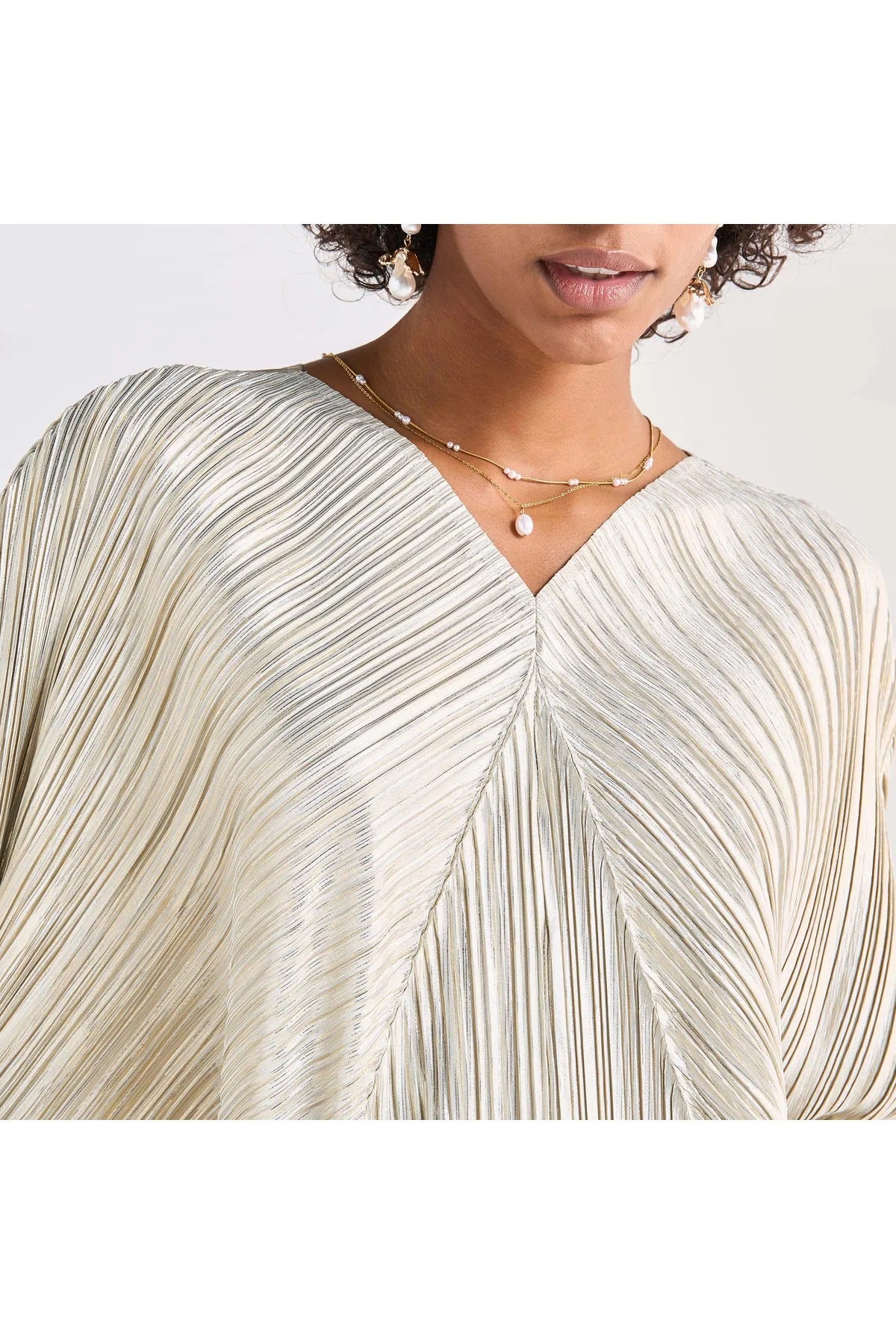 All-Over Pleated V-Neck Dress With Extendable Sleeves