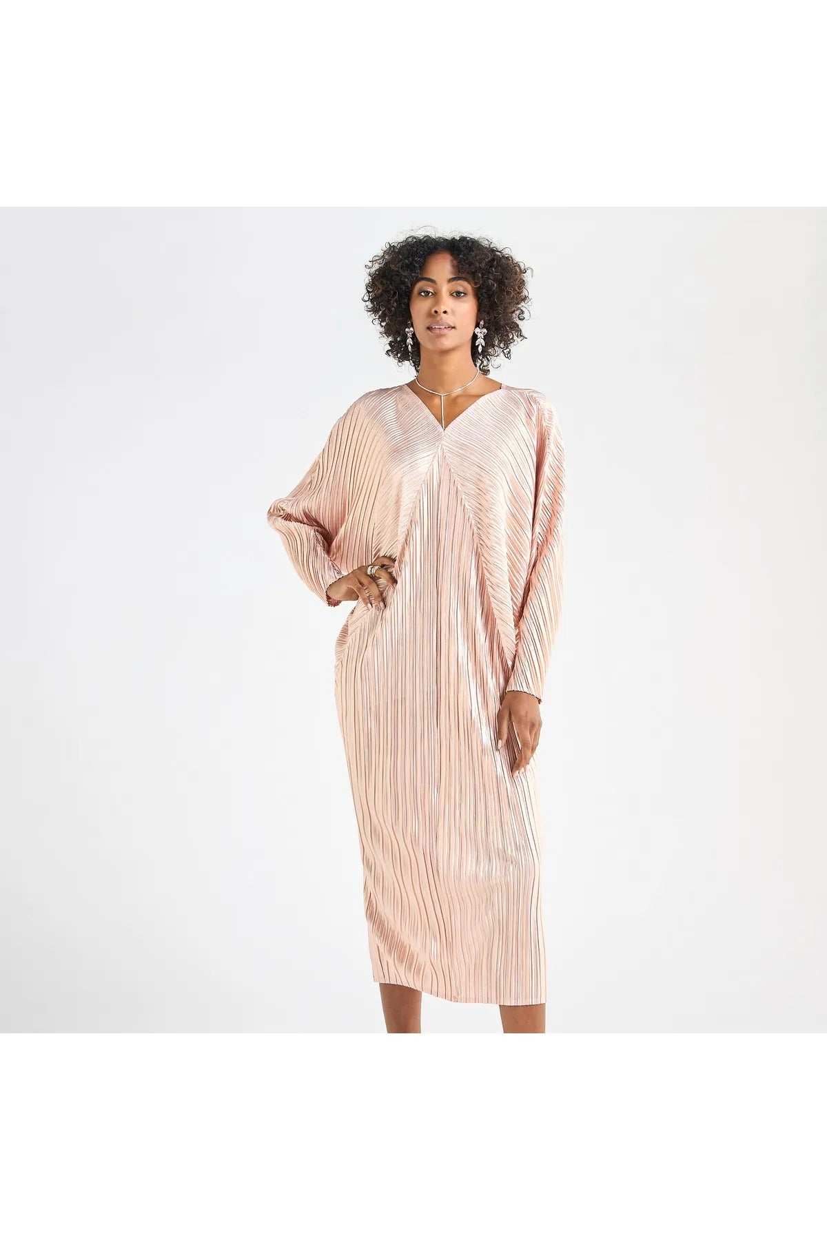 All-Over Pleated V-Neck Dress With Extendable Sleeves
