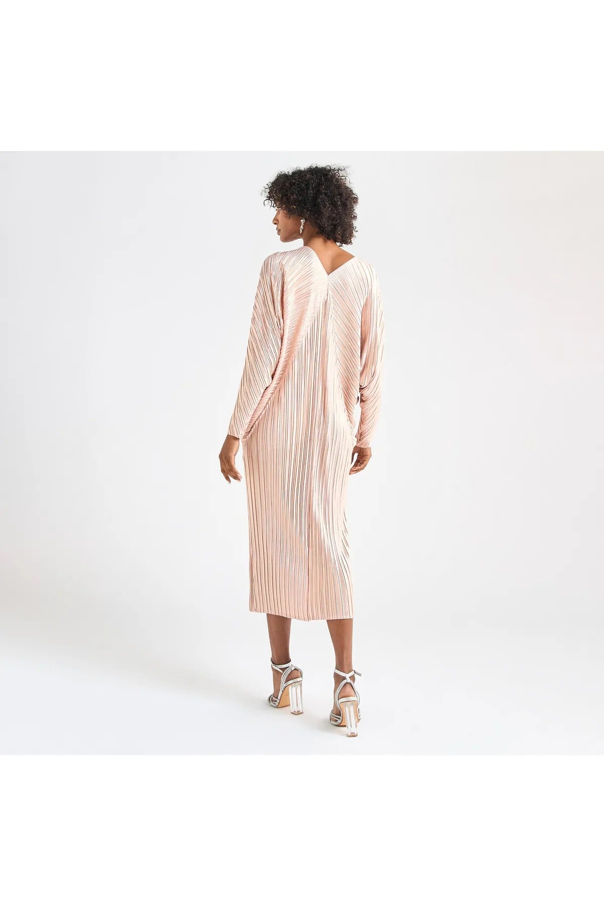 All-Over Pleated V-Neck Dress With Extendable Sleeves