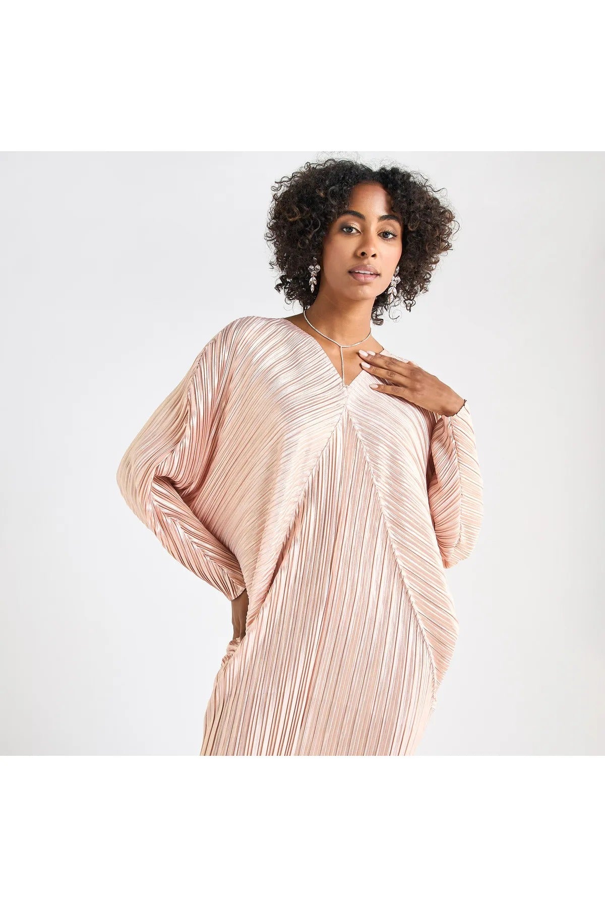 All-Over Pleated V-Neck Dress With Extendable Sleeves