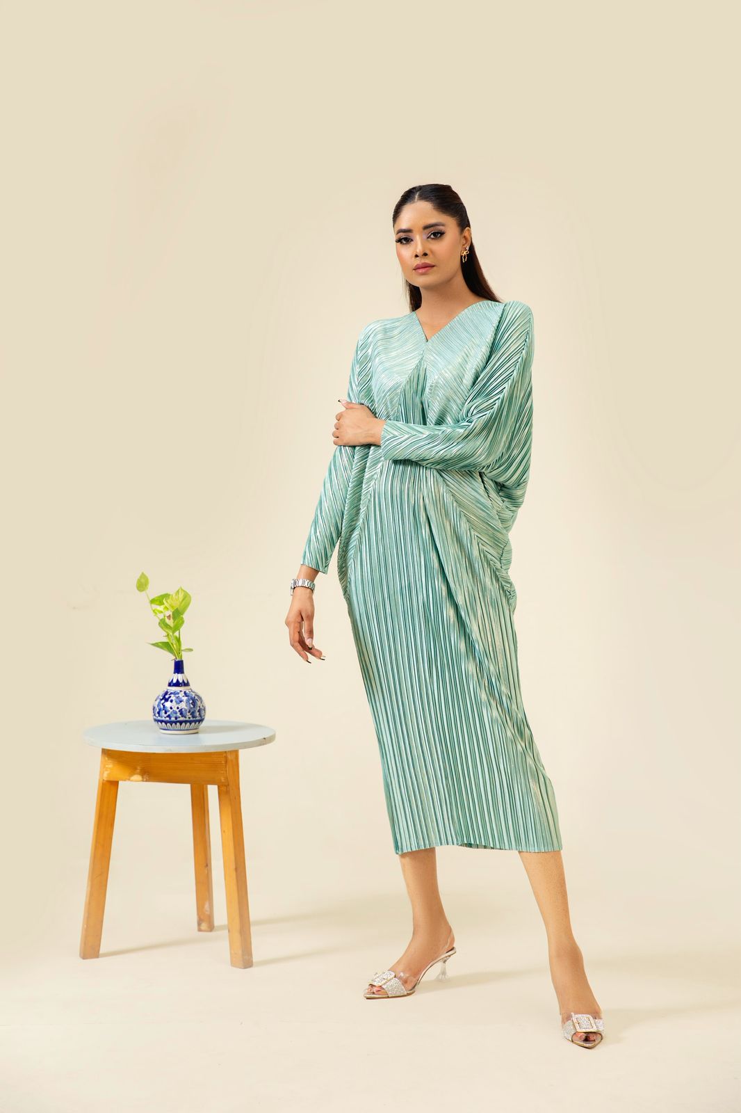 All-Over Pleated V-Neck Dress With Extendable Sleeves