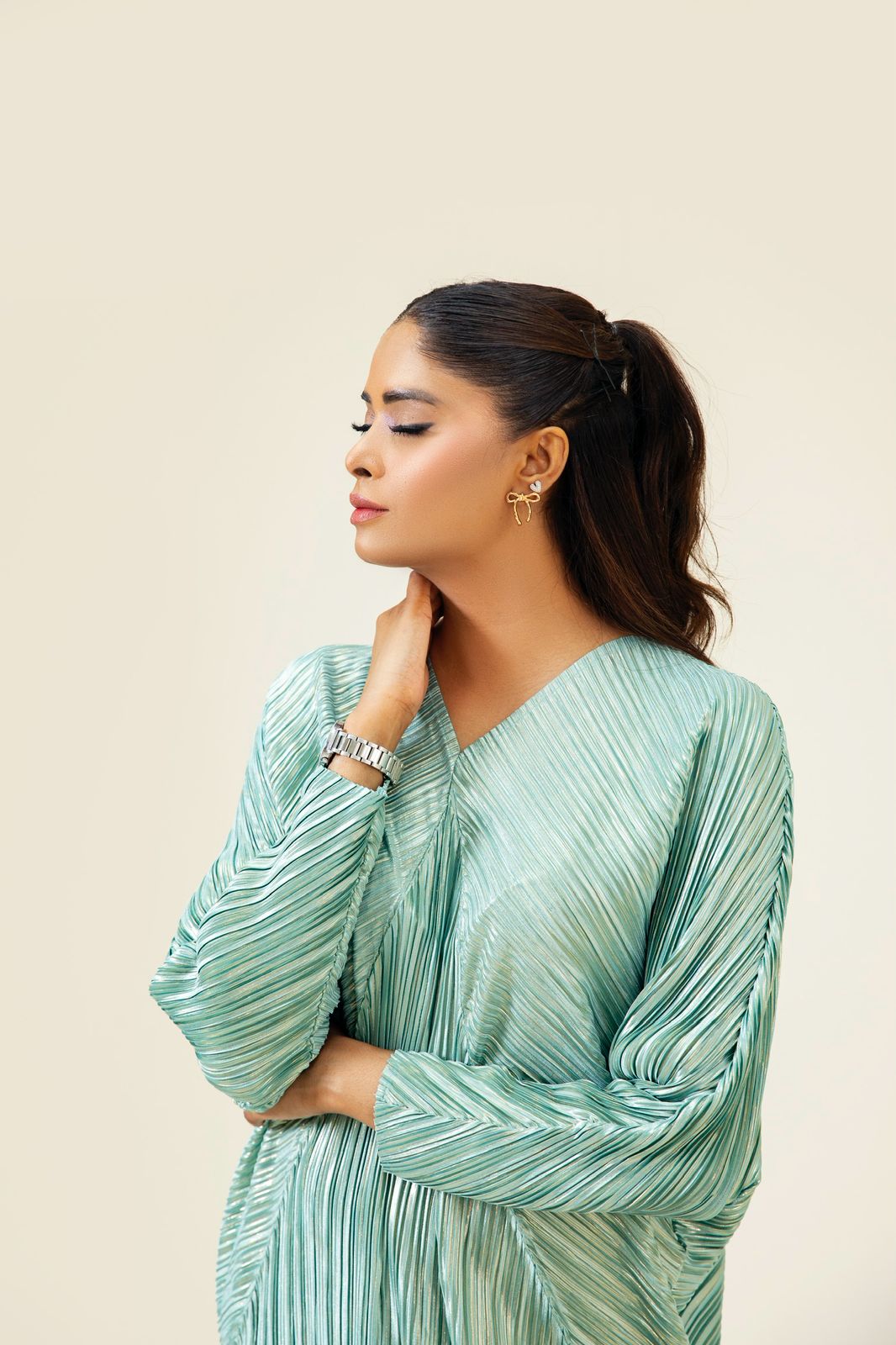 All-Over Pleated V-Neck Dress With Extendable Sleeves