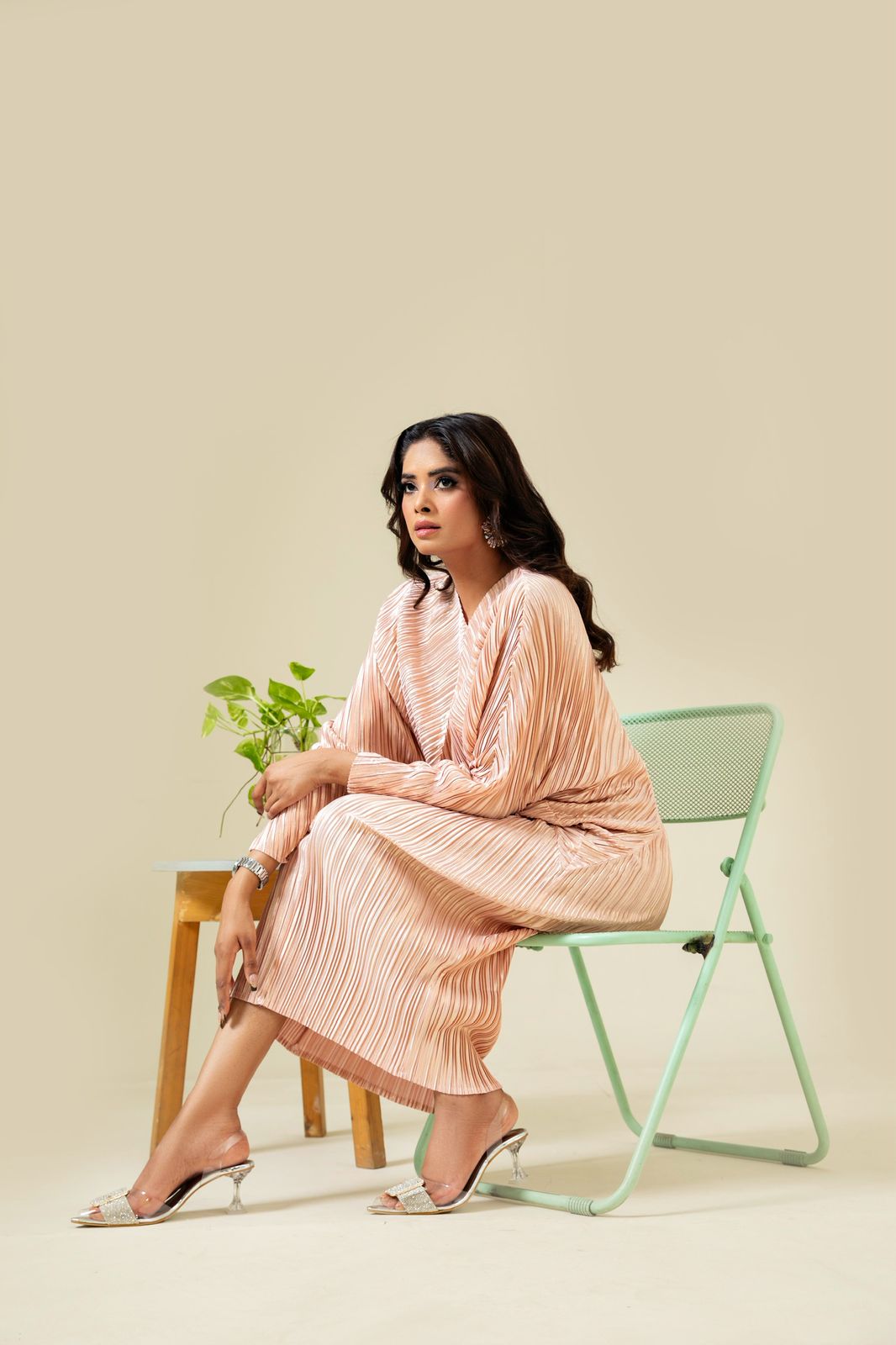 All-Over Pleated V-Neck Dress With Extendable Sleeves