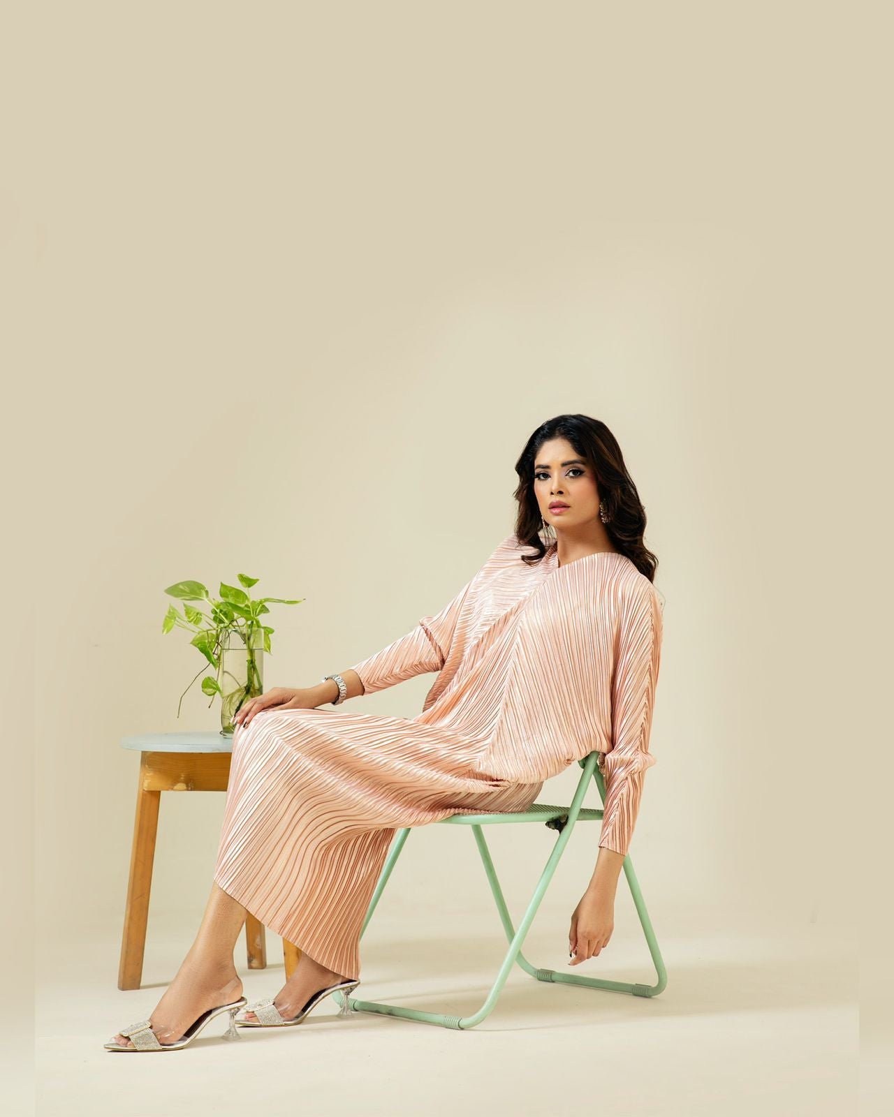 All-Over Pleated V-Neck Dress With Extendable Sleeves