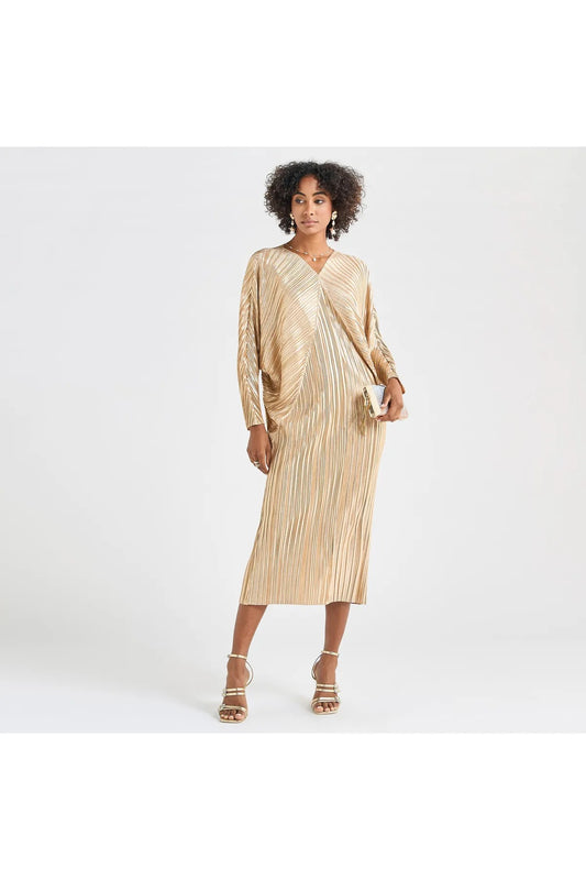 All-Over Pleated V-Neck Dress With Extendable Sleeves