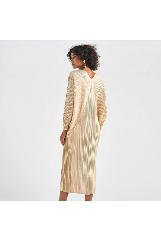 All-Over Pleated V-Neck Dress With Extendable Sleeves