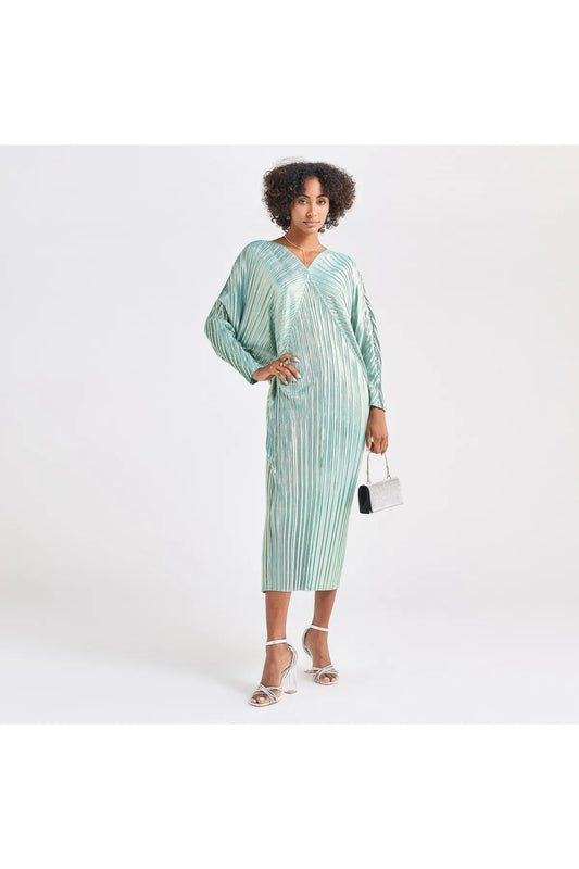 All-Over Pleated V-Neck Dress With Extendable Sleeves