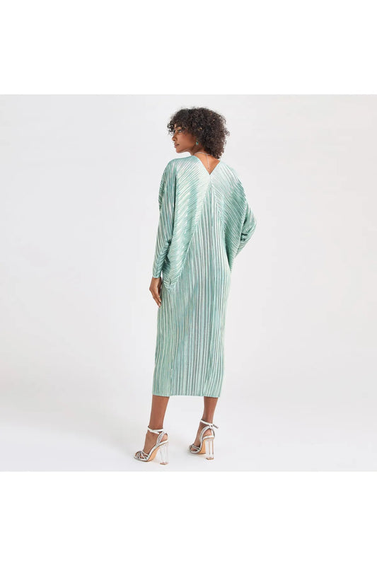 All-Over Pleated V-Neck Dress With Extendable Sleeves