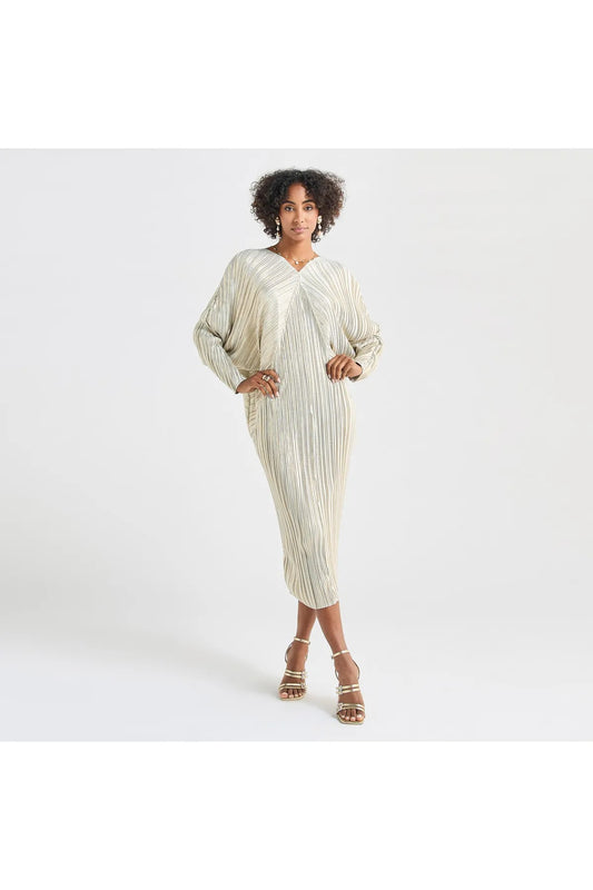 All-Over Pleated V-Neck Dress With Extendable Sleeves