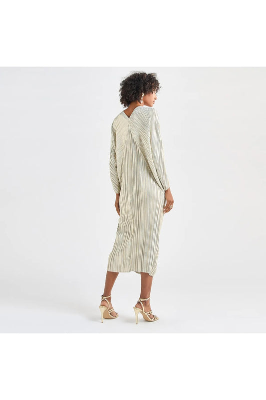 All-Over Pleated V-Neck Dress With Extendable Sleeves