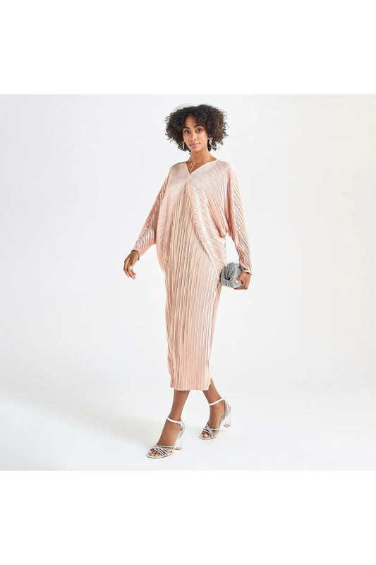 All-Over Pleated V-Neck Dress With Extendable Sleeves