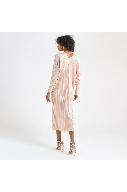 All-Over Pleated V-Neck Dress With Extendable Sleeves