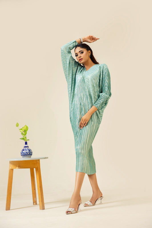 All-Over Pleated V-Neck Dress With Extendable Sleeves