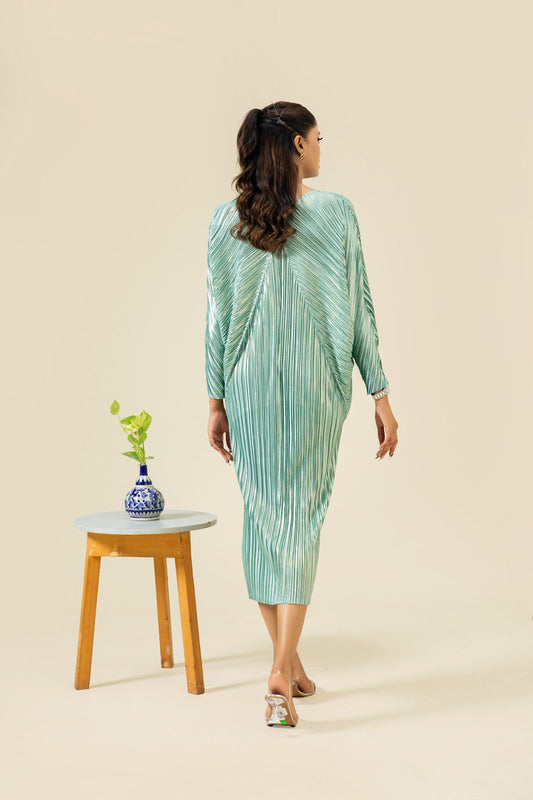 All-Over Pleated V-Neck Dress With Extendable Sleeves