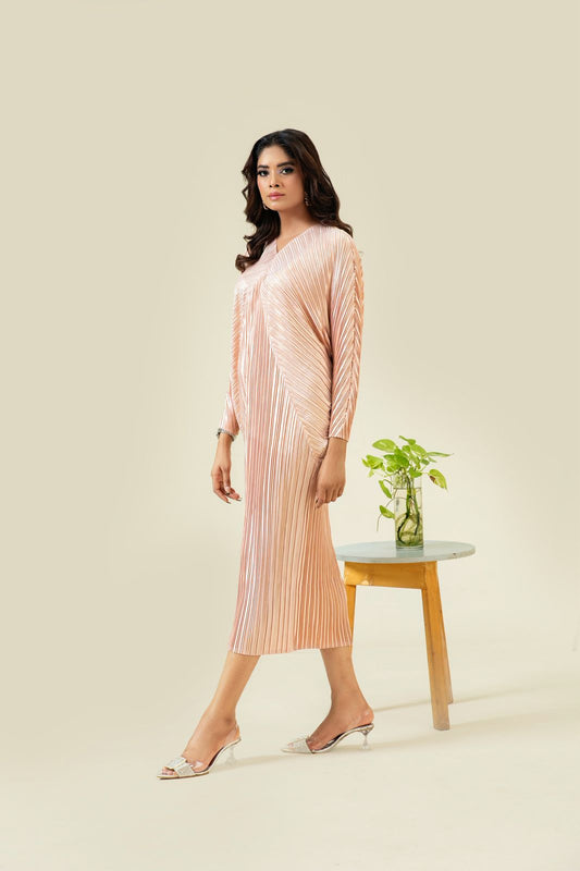 All-Over Pleated V-Neck Dress With Extendable Sleeves