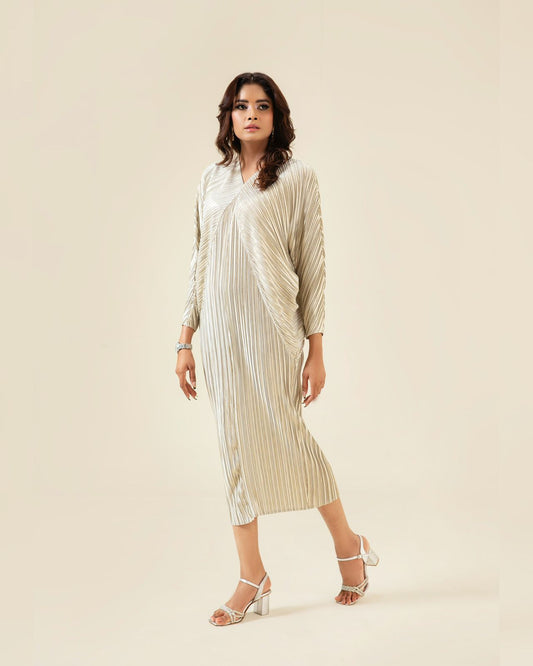 All-Over Pleated V-Neck Dress With Extendable Sleeves